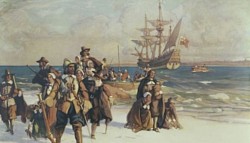Pilgrims arriving in Plymouth Rock